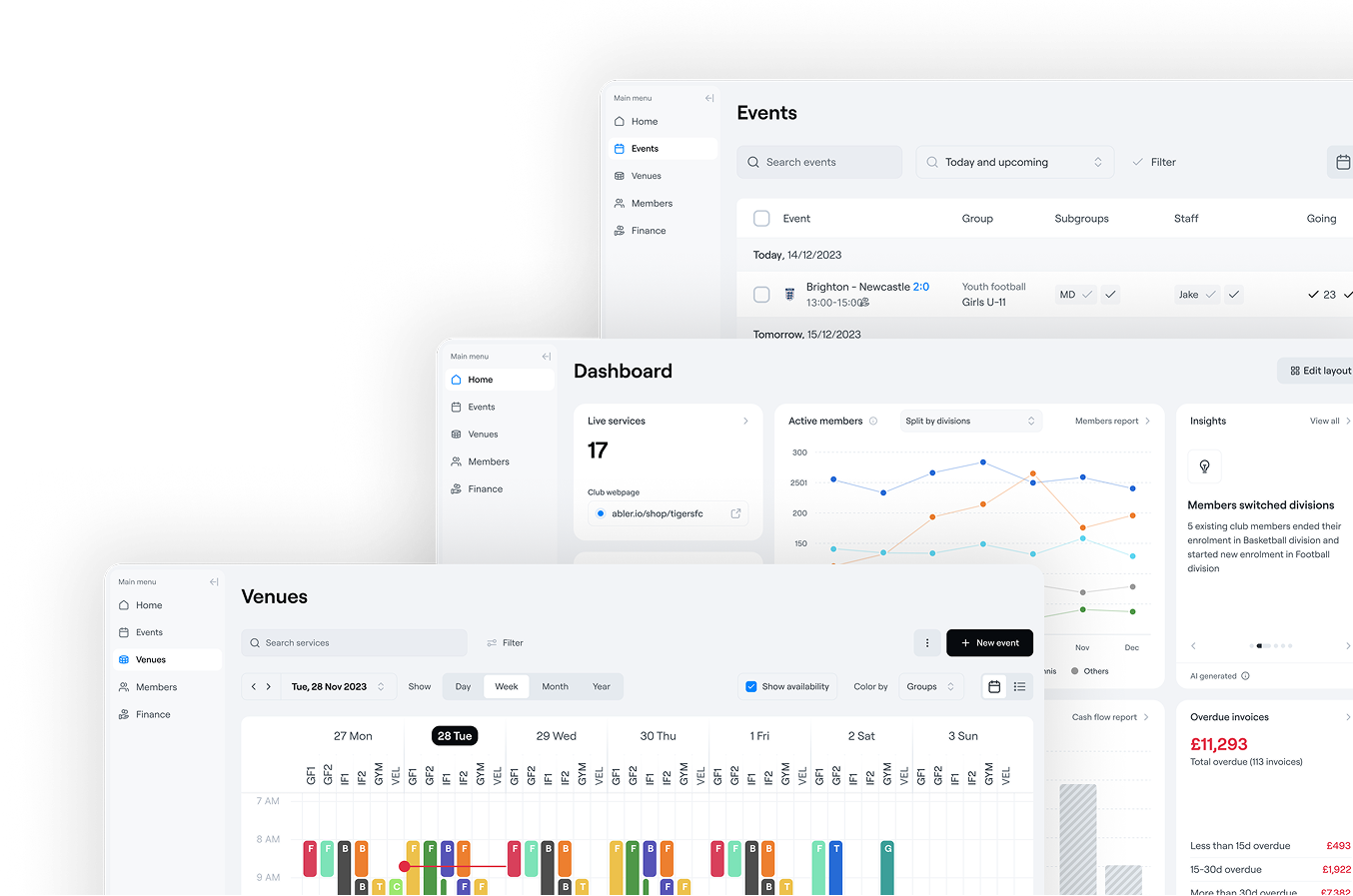 Abler dashboard, events table and venue calendar — reporting and insights from the Abler product.